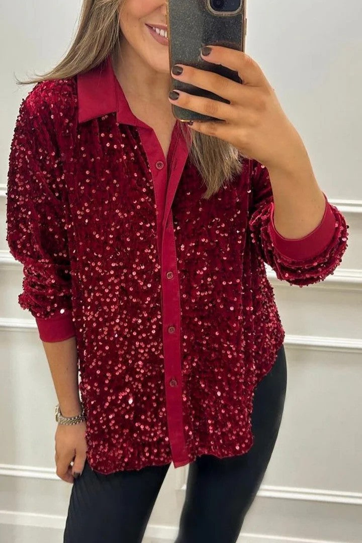 Kvindernes Funklende Paillet Bluse med Klassisk Krave Stilla