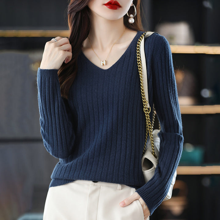 Femme Ribbet V-Udskæring Pullover Sweater Stilla
