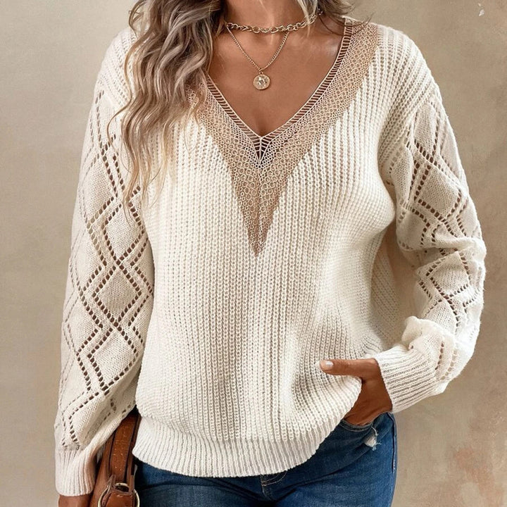 Femme struktureret V-hals strikpullover med spidse accenter Stilla