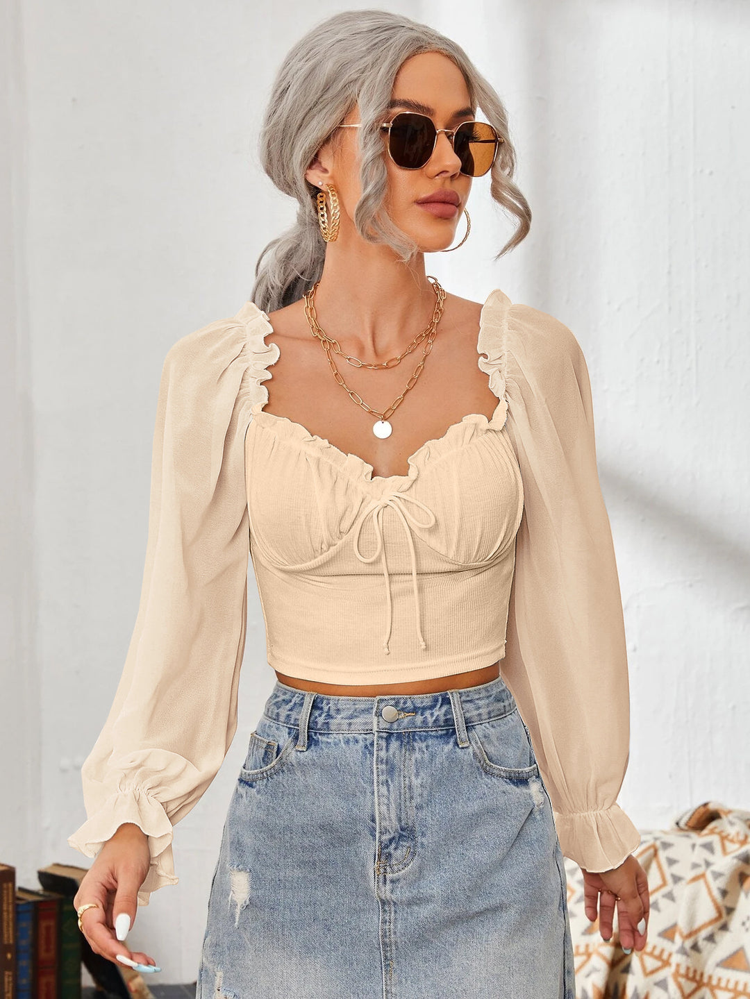 Dame Cropped-bluse med rynker og elegante puffærmer Skovae