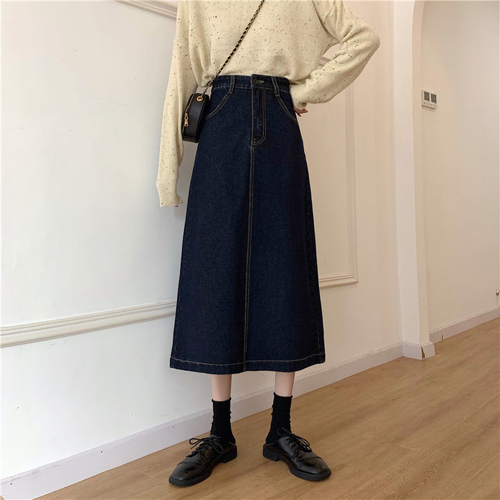 Dame denim midi nederdel med høj talje Stilla