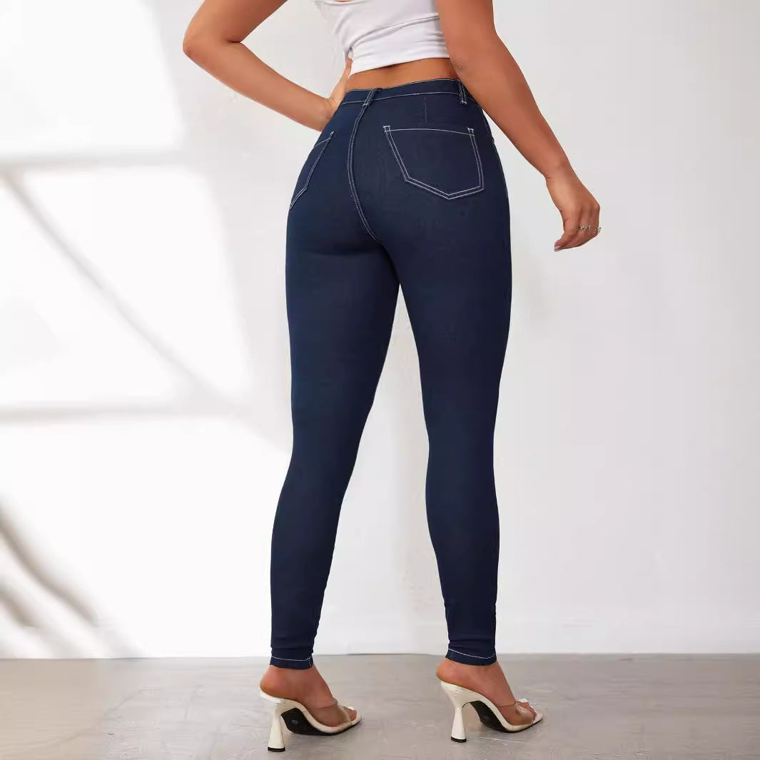 Dame slim fit jeans med høj talje og innovativt design af sømme Skovae