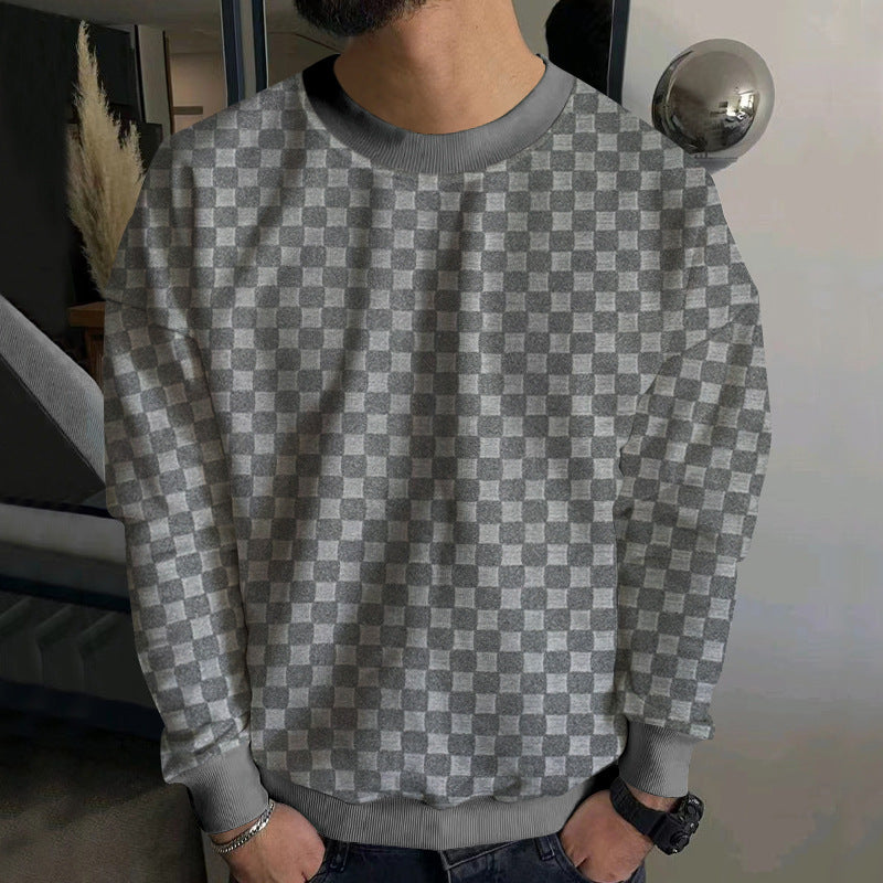 Herrer nan præget skakbræt-sweatpullover med oversized pasform, rundhalsudskæring og ribbånd Skovae