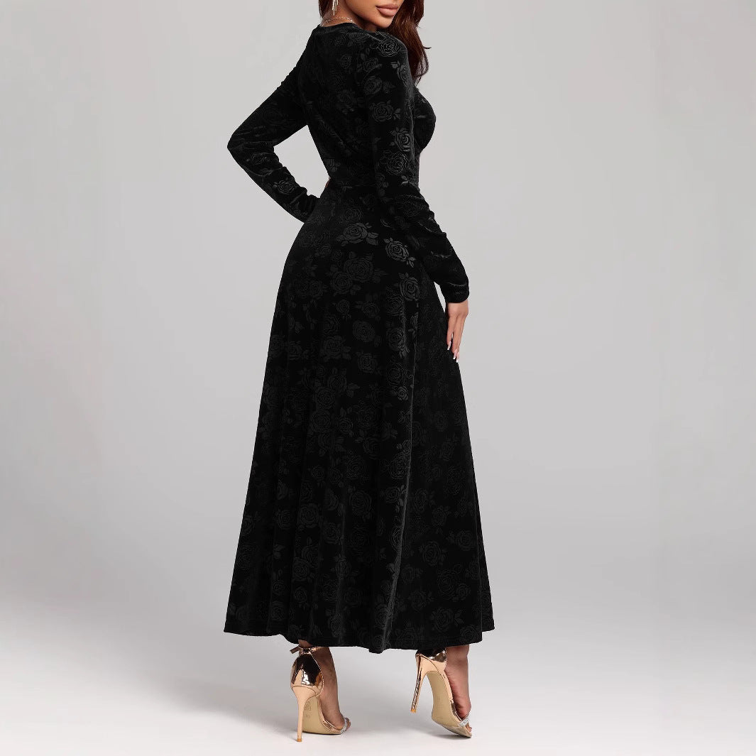 Dame Elegant maxidress i højkvalitets fløjl med lange ærmer og V-hals Stilla