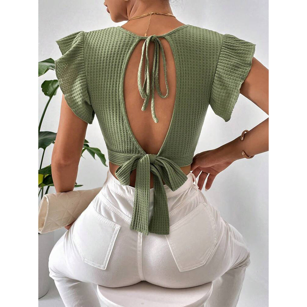Dame Crop-top med indpakningsdesign og voluminøse ærmer Stilla