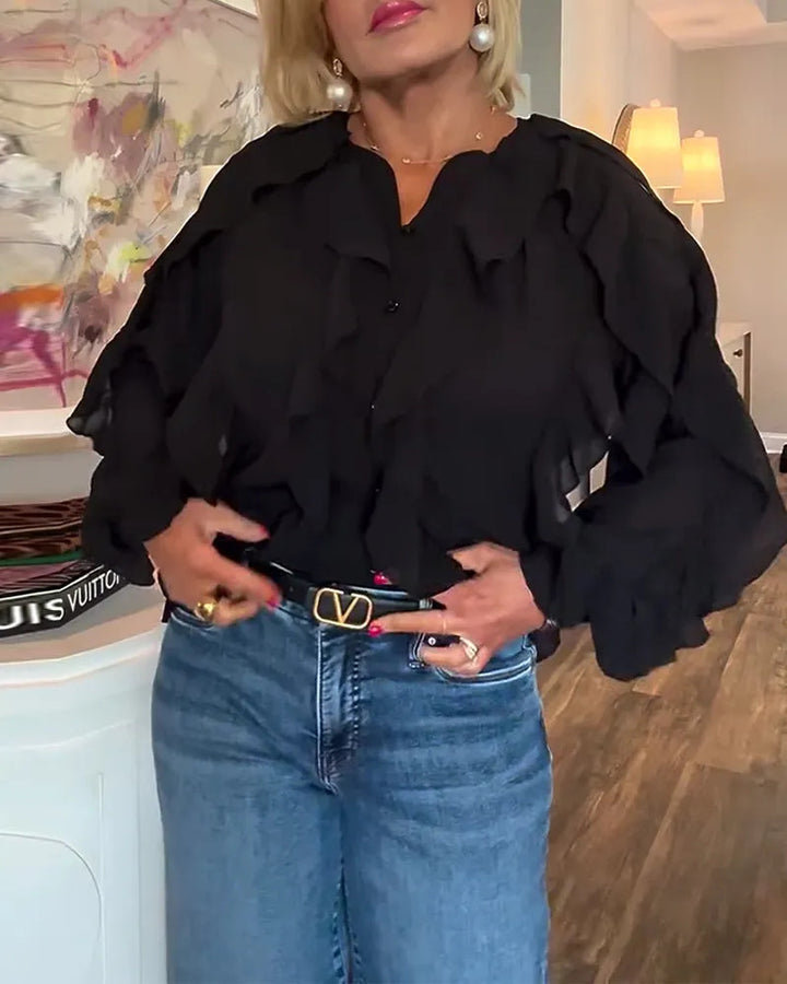 Dame nan semitransparent lagendel-bluse lavet af chiffon med ballonærmer og skjult knaplukning Skovae