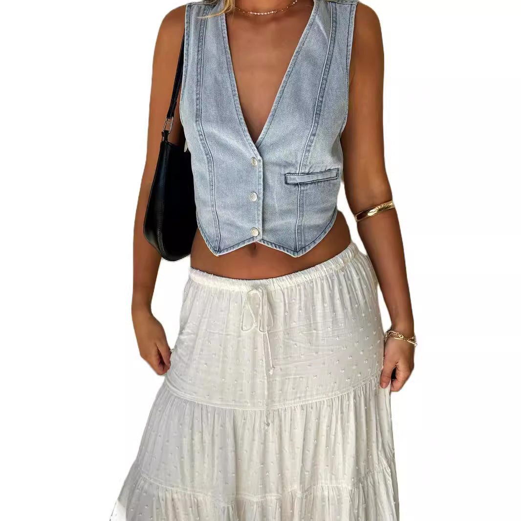 Dame jeans-vest med smal pasform og moderne snit Skovae