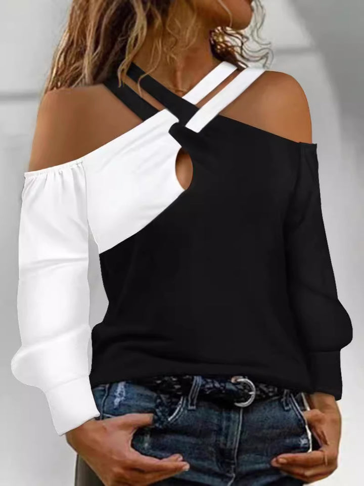 Dame Mode top med cut-out design og asymmetrisk ærmer Skovae