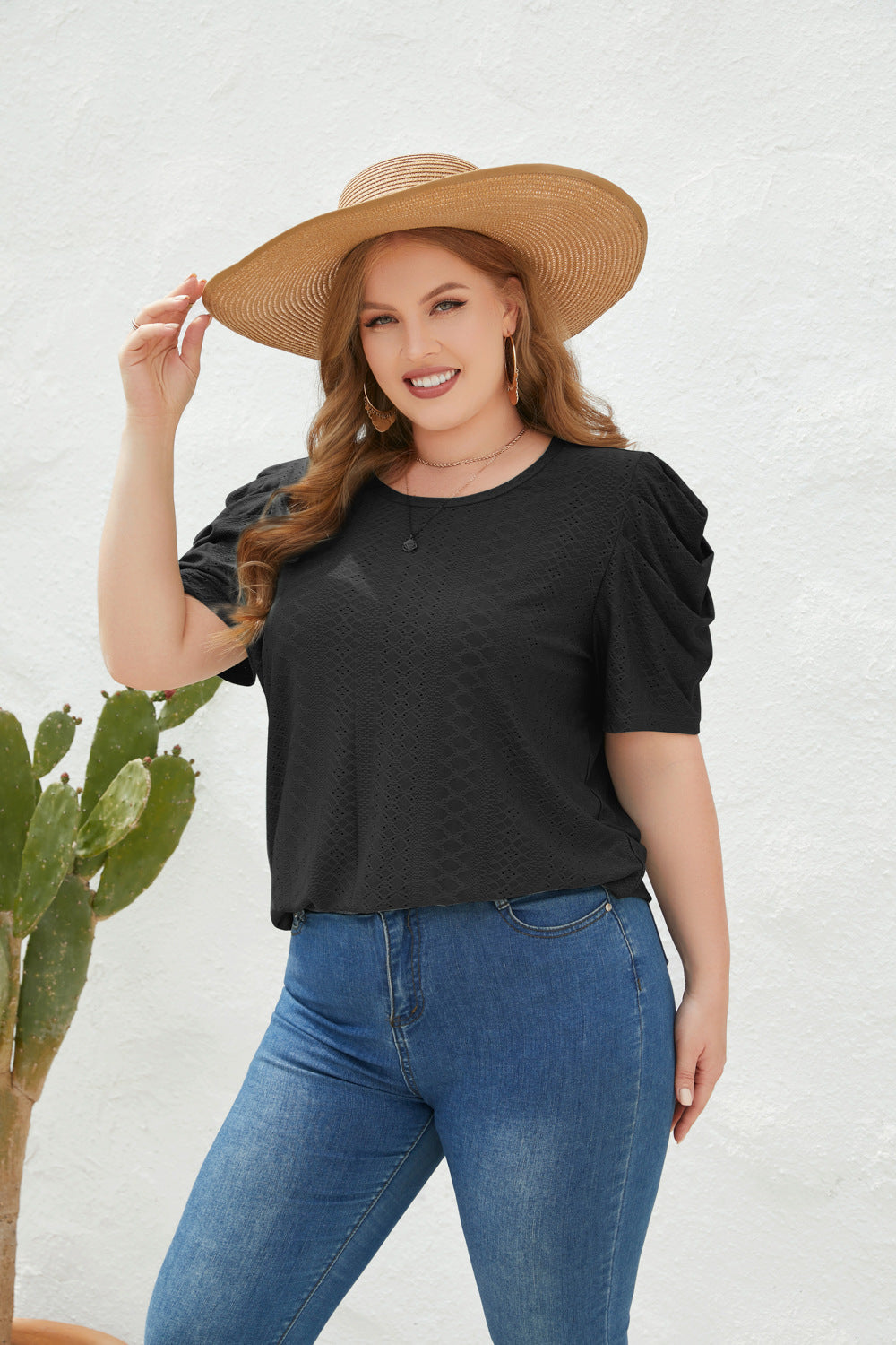 Damer Elegant Bluse shirt med Puffærmer og Strukturmønster Skovae