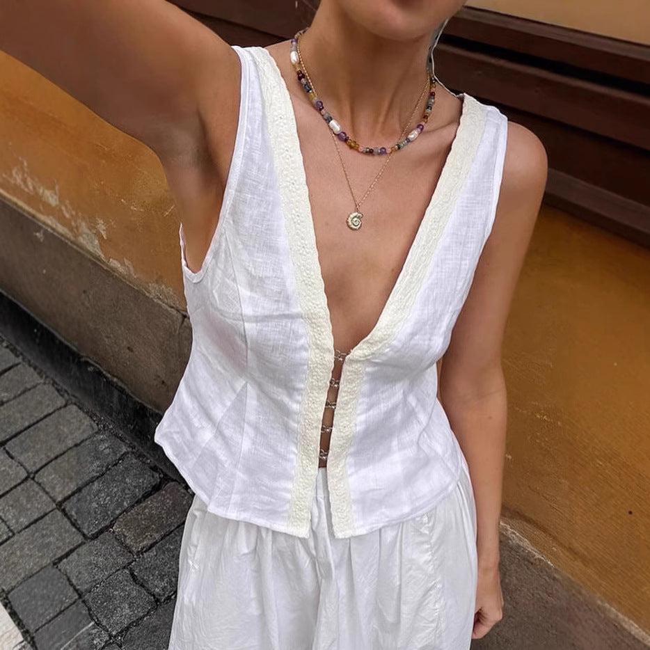 Dame ærmeløs linned top med elegant knapliste og dekorerede kanter Stilla