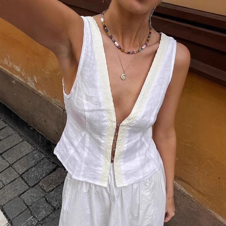 Dame ærmeløs linned top med elegant knapliste og dekorerede kanter Stilla