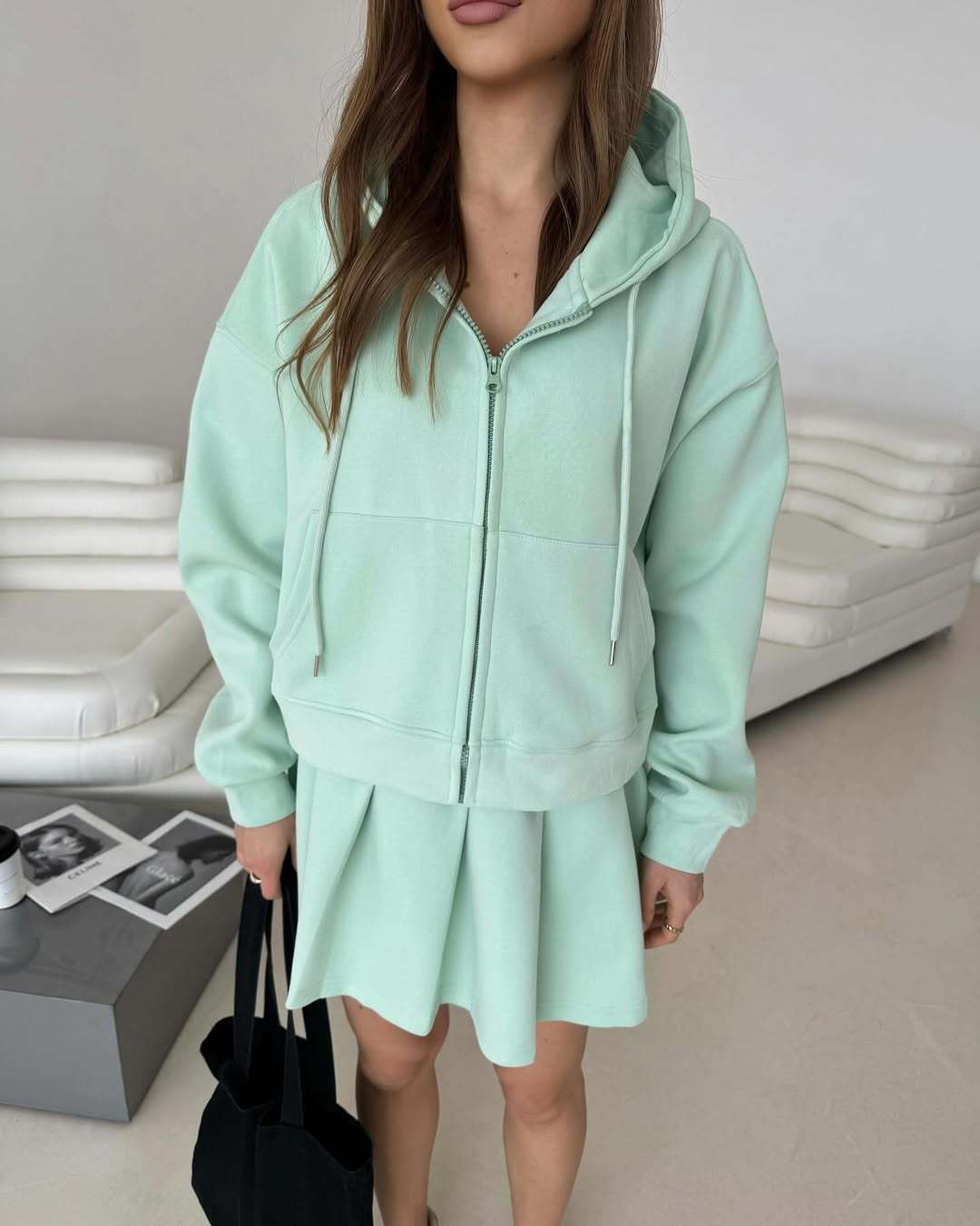 Dame Casual Hoodie og Nederdel Sæt med Skjult Lynlås og Elastisk Talje