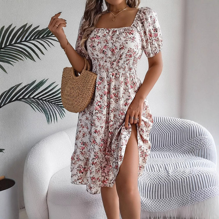 Dame Off-Shoulder Sommerkjole med Rynk og Volantærmer Stilla