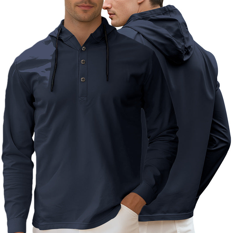 Herrer nan Hætte-Henley Langærmet t-shirt i let stræk jersey med snøre Skovae