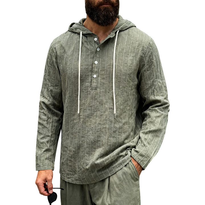 Herre nan hoodie lavet af en blanding af hør med halvs-kneppede og nålestriber Skovae