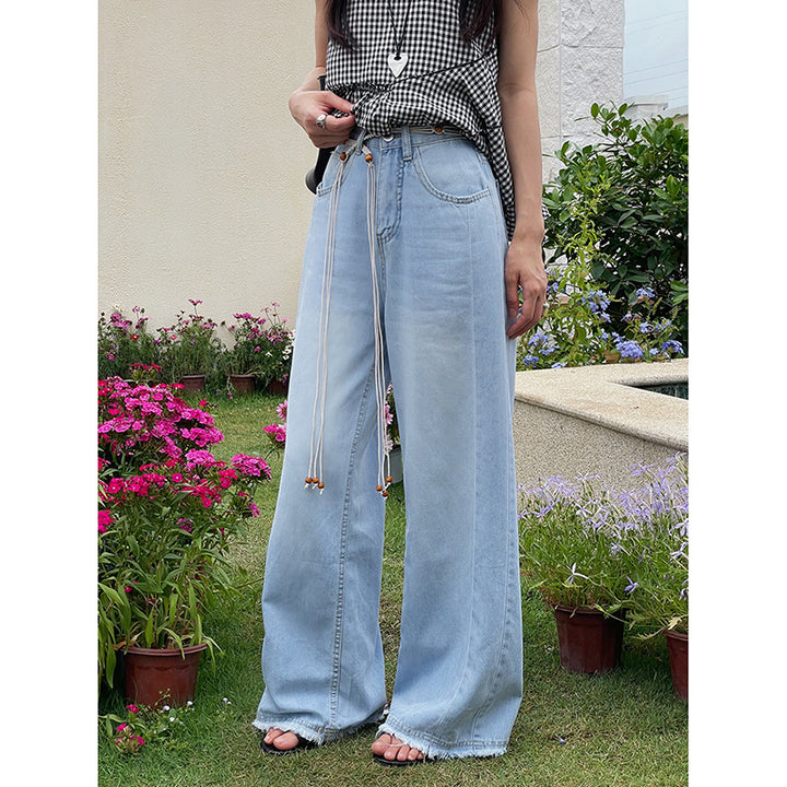 Dame High-Waist jeans i vidde snit med justerbar talje og frynset kant Stilla