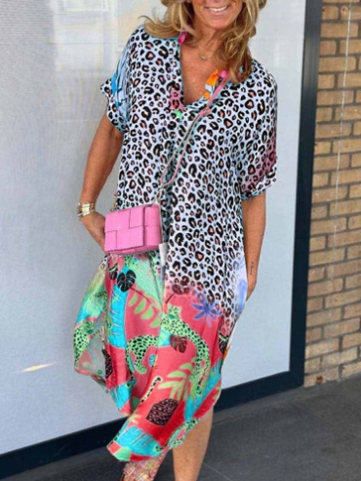 Dame nan locker siddende V-udskæring Midikjole med leopardmønster og tropemotiv Skovae