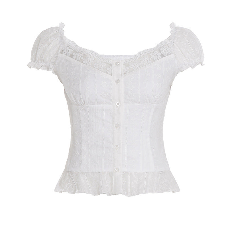 Damer Elegant bluse top med legende puff ærmer og knaplukning Skovae