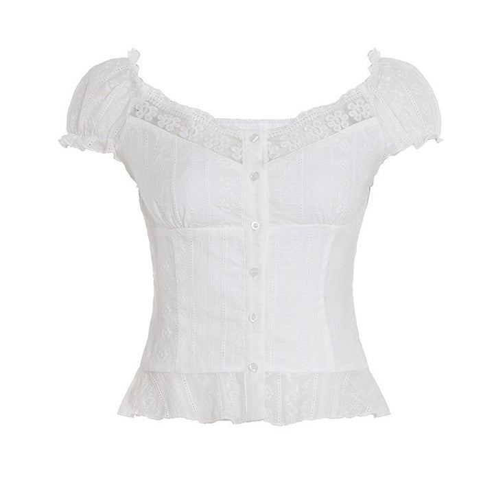 Damer Elegant bluse top med legende puff ærmer og knaplukning Skovae