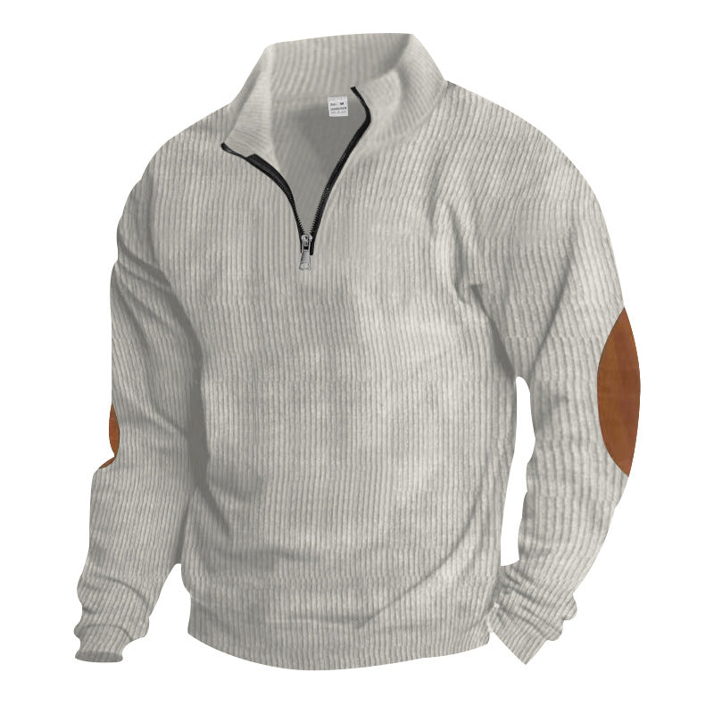 Herren nan ribbet finstrik pullover med kort lynlås ståkrave og læderlook albuepatches Skovae