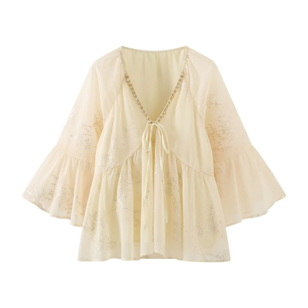 Damer let bluse T-shirt med flydende snit og elegante bindebånd detaljer Skovae