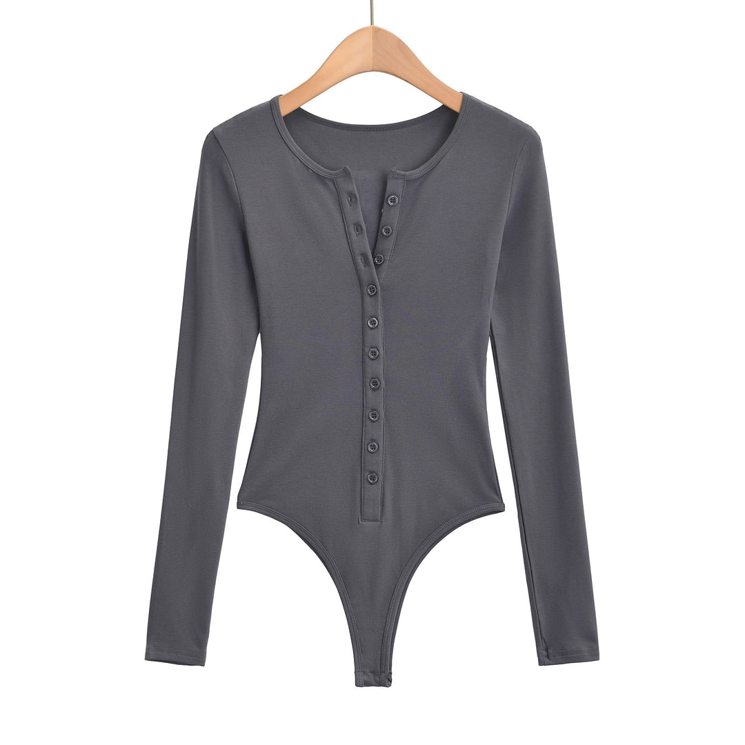 Dame Langærmet Bodysuit med knapliste og elegant rund halsudskæring Stilla