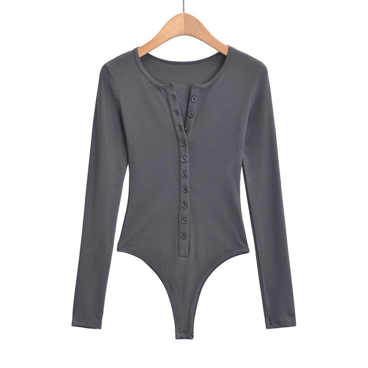 Dame Langærmet Bodysuit med knapliste og elegant rund halsudskæring Stilla