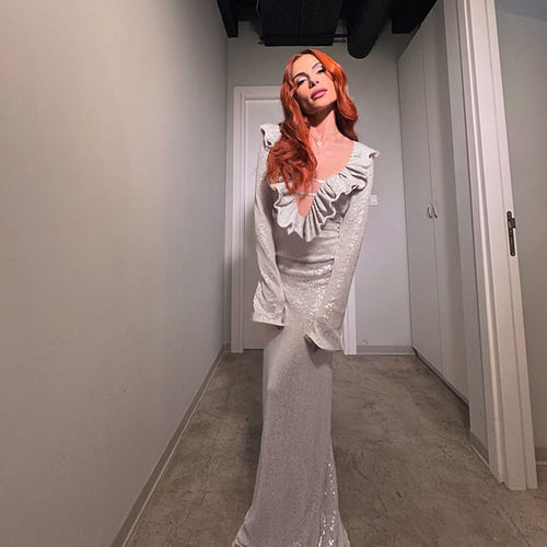 Dame elegant maxikjole med ruffle detaljer og gennemsigtig indsats Skovae