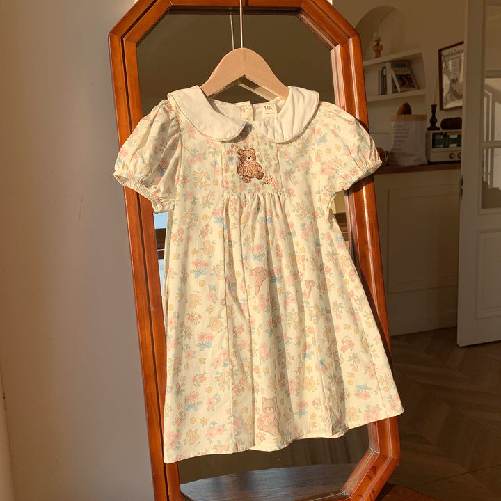 Pige blomstertrykt puffermedress med bjørnsbroderi Stilla