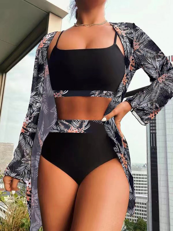 Dame bikinisæt med floral kimono og høj talje Stilla