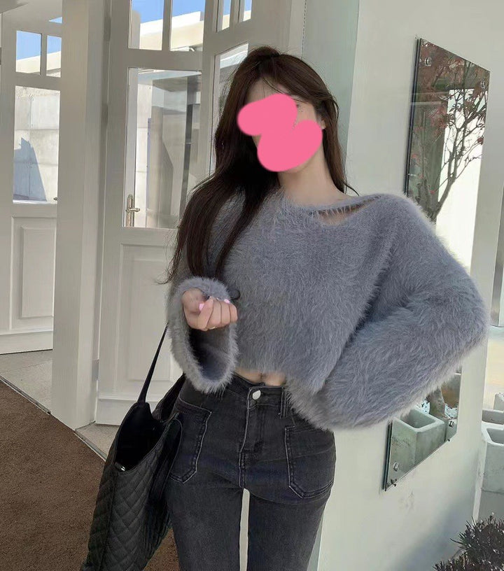 Kvinders fluffy cropped sweater med blødt strikket mønster Stilla
