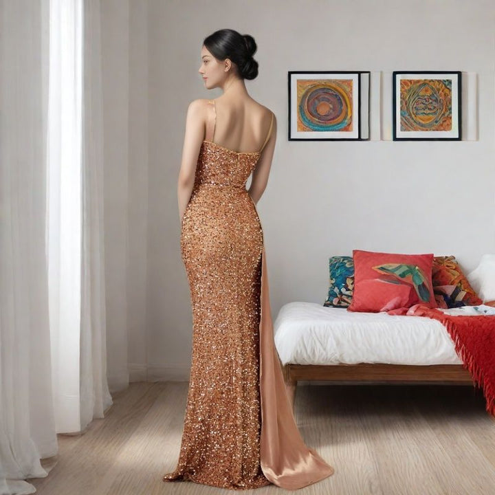 Damer Glamorous Aftenkjole med Glitrende Pailletter og Elegant Slids Skovae