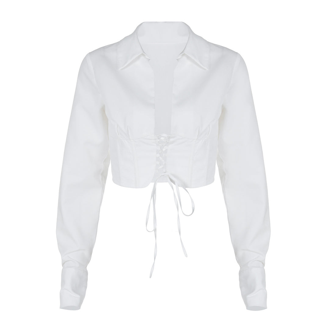 Damer cropped bluse med snøring og klassisk kravesnit Stilla