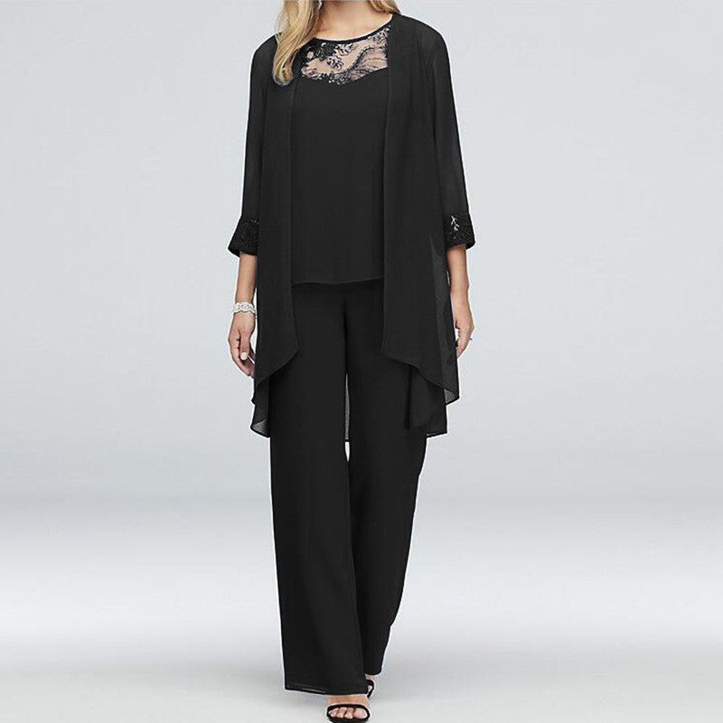 Dame nan flydende chiffon aftenensemble med spidsbesætning, kimono cardigan og bred palazzo bukser Skovae