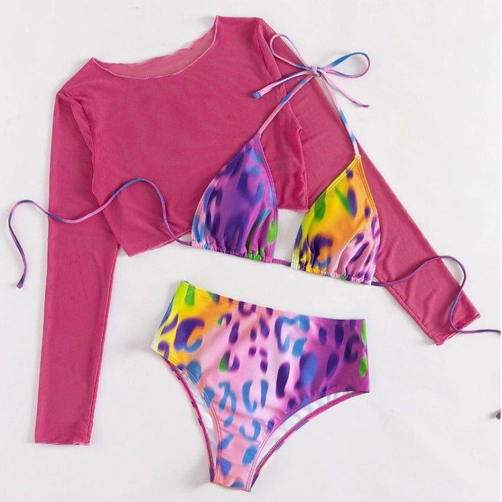 Dame Højskåret Bikini-Sæt med langærmet top og spændende mønsterblanding Stilla