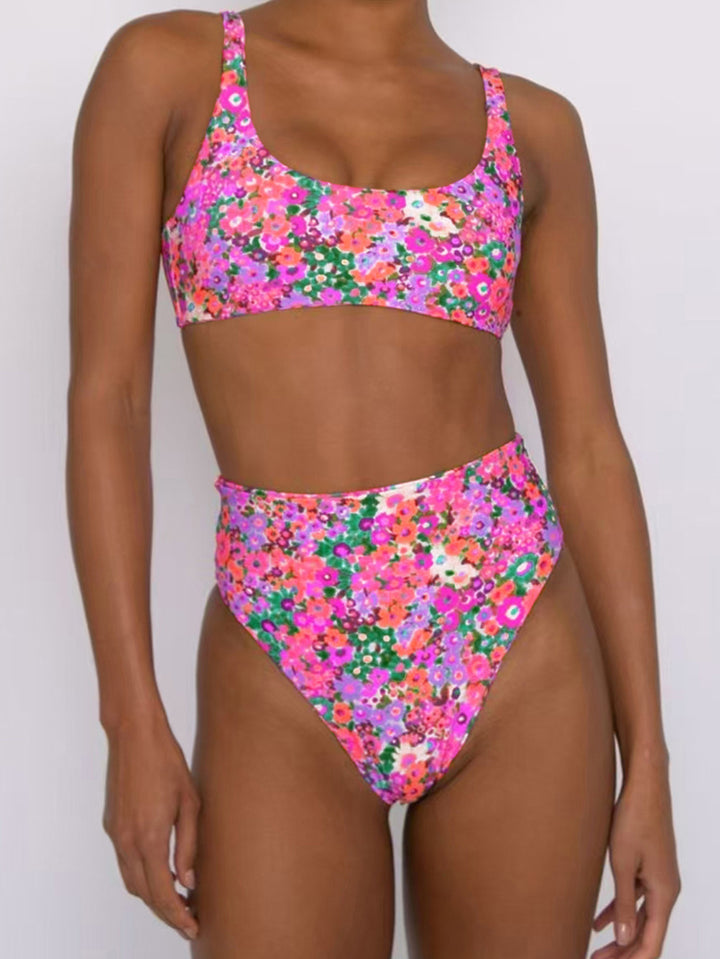 Dame Højtaljet Bikini-Sæt med blomsterdesign Skovae