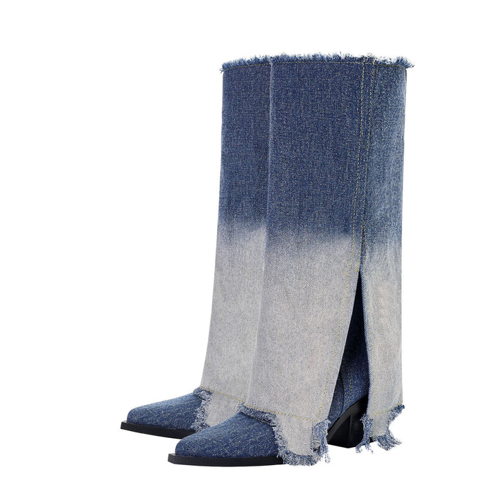 Femme Over-knæet Denim Stiletto Støvler med Skåret Detalje Stilla