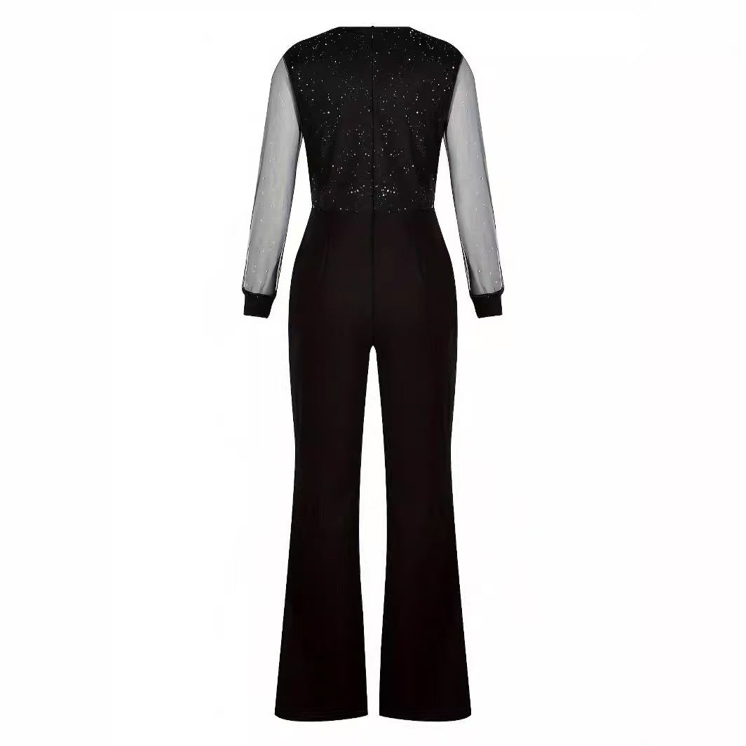 Damer Elegant Jumpsuit med gennemsigtige ærmer og glitrende detaljer Skovae