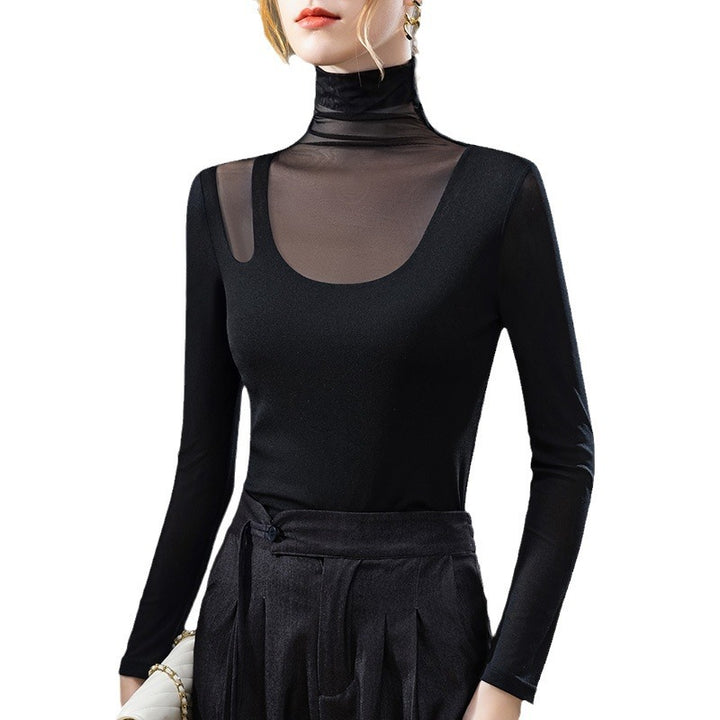 Dame langærmet skjorte med transparente indsatser og elegant ståkrave Stilla