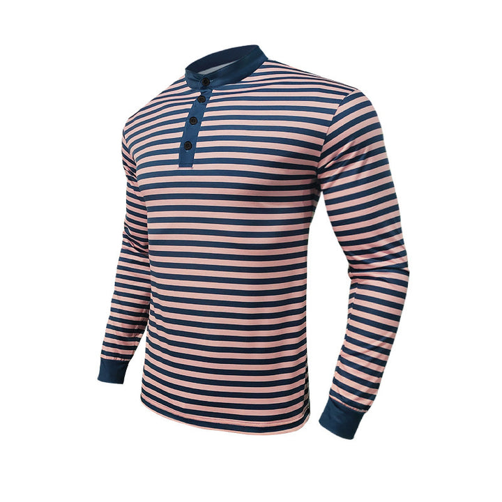 Herren nan stribet langærmet Henley skjorte med ståkrave, slank pasform og elastisk bomuldsblanding Skovae