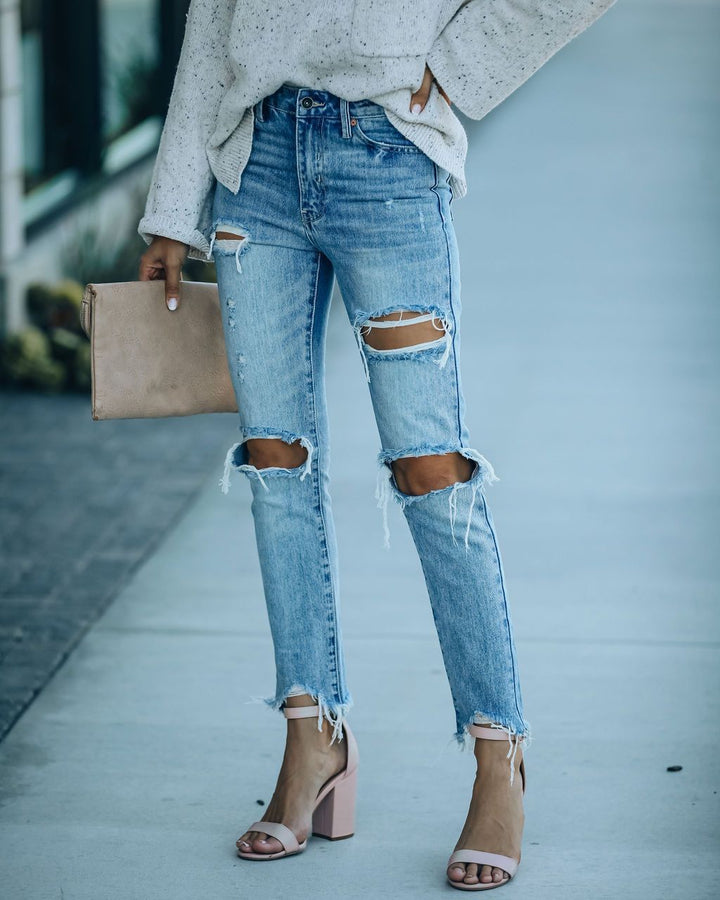 Dame Destroyed Jeans i moderne Slim-Fit med høj talje og frynset detaljer Stilla