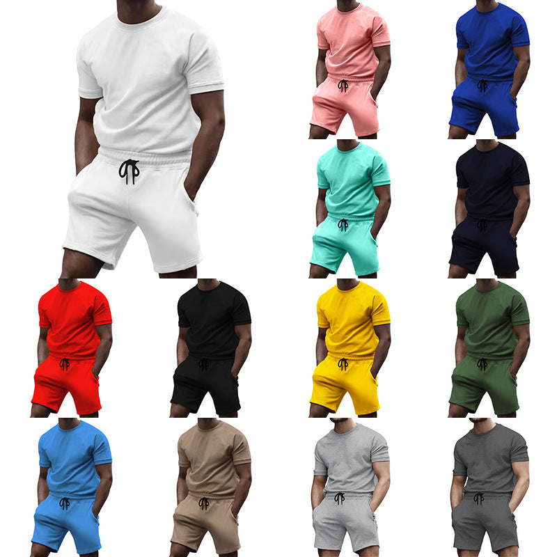 Herren nan kortærmet sæt i blødt sweatstof med rundhalset t-shirt og snøre-shorts Skovae