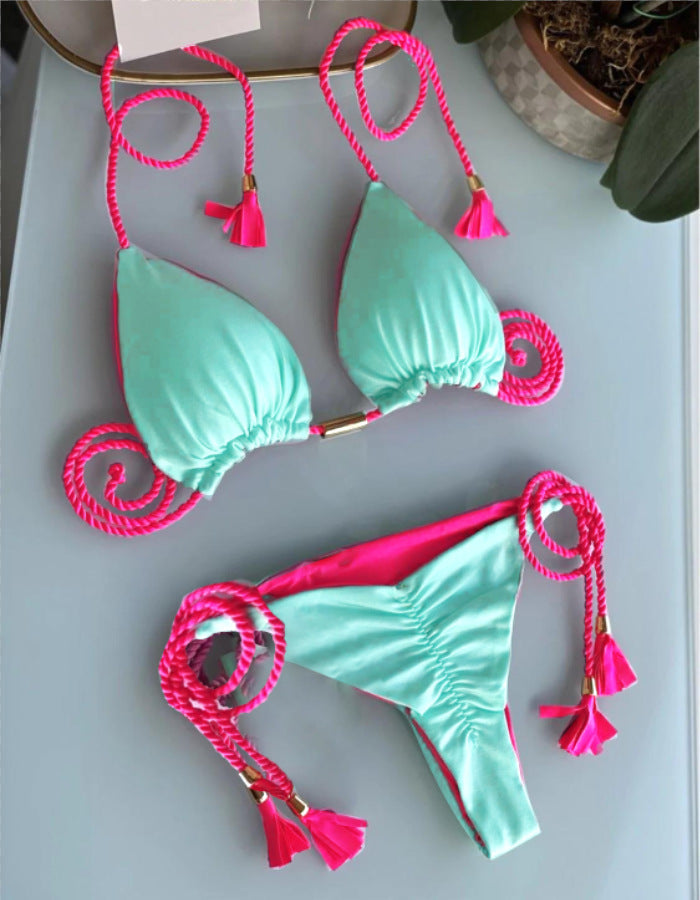 Dame triangel-bikini med moderne leopardmønster og dekorative frynser Skovae