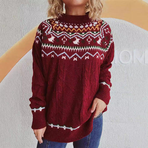 Kvinders strikkede sweater med højhals krave og grafisk design Stilla