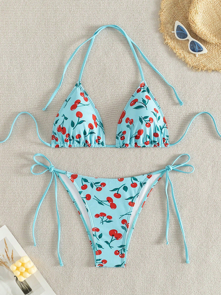 Dame triangel-bikini med frugtagtigt mønster og justerbare snorebånd Skovae