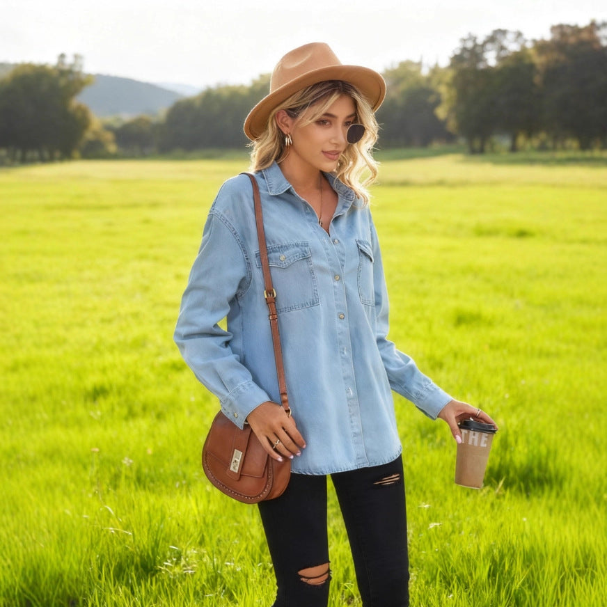 Dame Casual Denim Skjorte Bluse med Praktiske Brystlommer Stilla