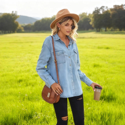Dame Casual Denim Skjorte Bluse med Praktiske Brystlommer Stilla