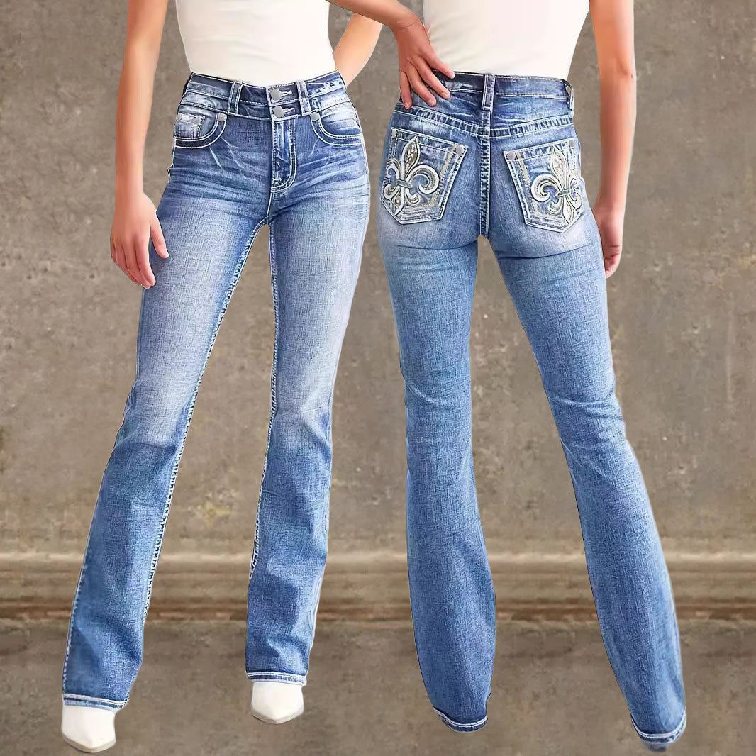 Dame udvidede jeans i vintage stil med kvalitetsdetaljer og raffineret broderi Skovae
