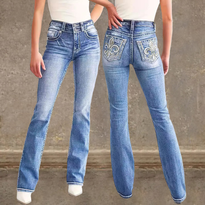 Dame udvidede jeans i vintage stil med kvalitetsdetaljer og raffineret broderi Skovae