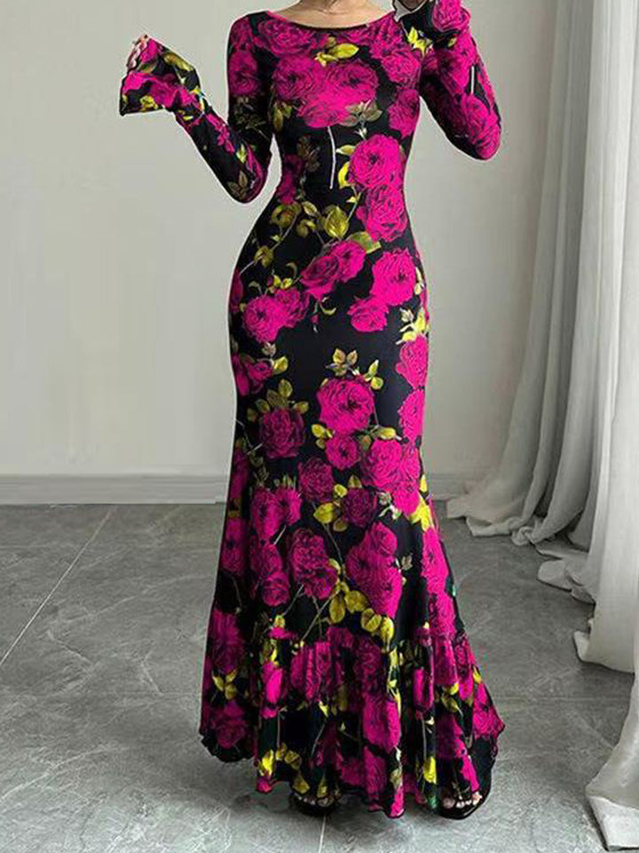 Kvinder Elegant Maxi Kjole med Blomster Rynke Detaljer og Lange Ærmer Stilla
